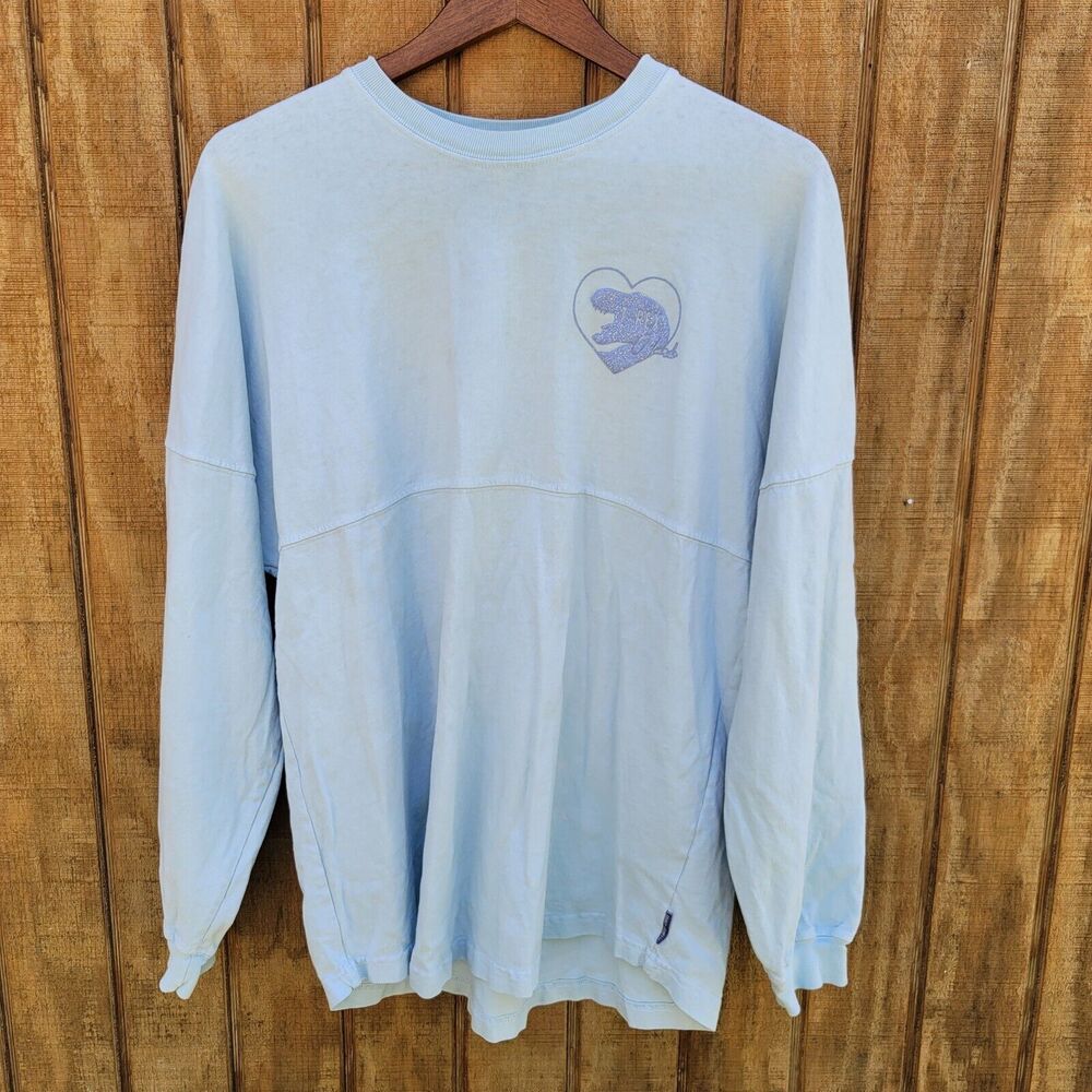Spirit Jersey Lt Blue Glitter TRex Front W/FIERCE Spellout On Back Womens Size M